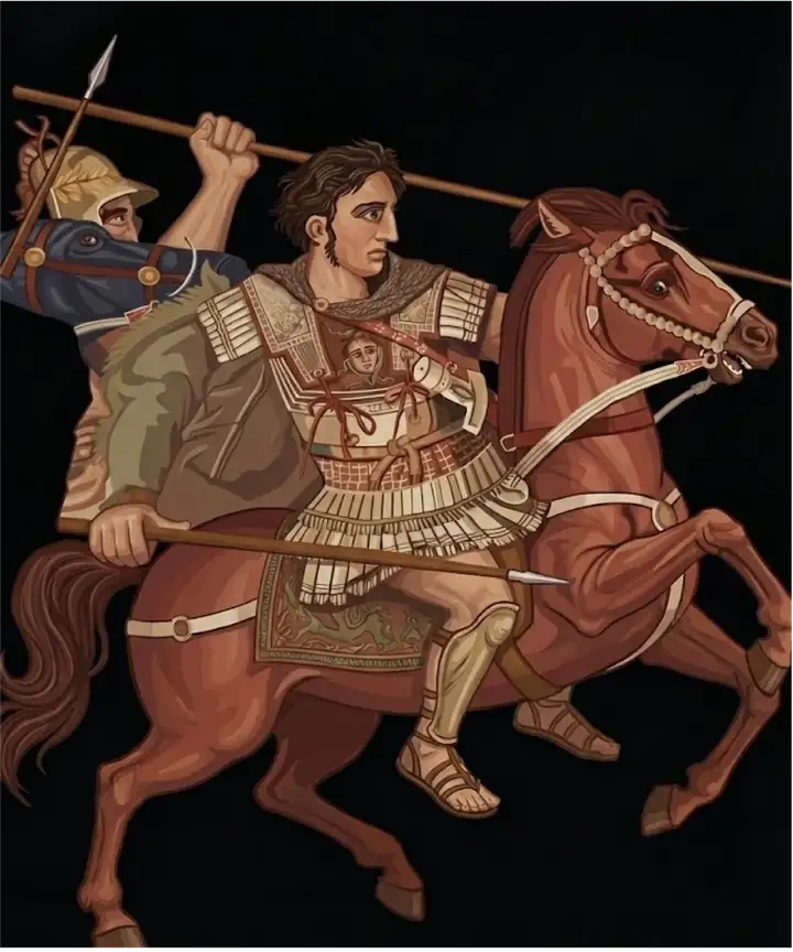Detail of the Alexander Mosaic: Alexander the Great on horseback facing the Persian king Darius III in his chariot, with the phrase I came, I saw, I conquered in Greek and English.