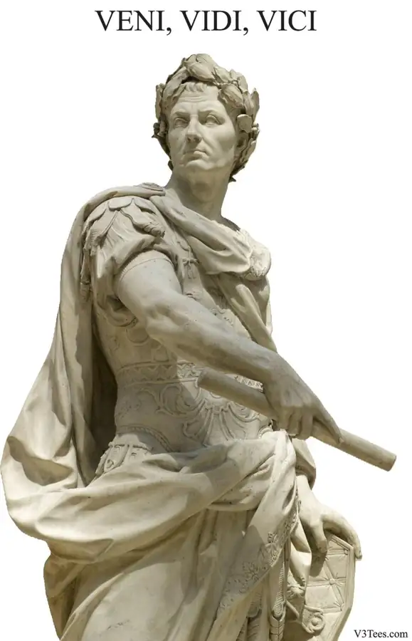 Marble statue of Julius Caesar by Nicolas Coustou, wearing a laurel crown, cuirass, and cloak, one hand on a shield, with the words Veni, Vidi, Vici above the figure.
