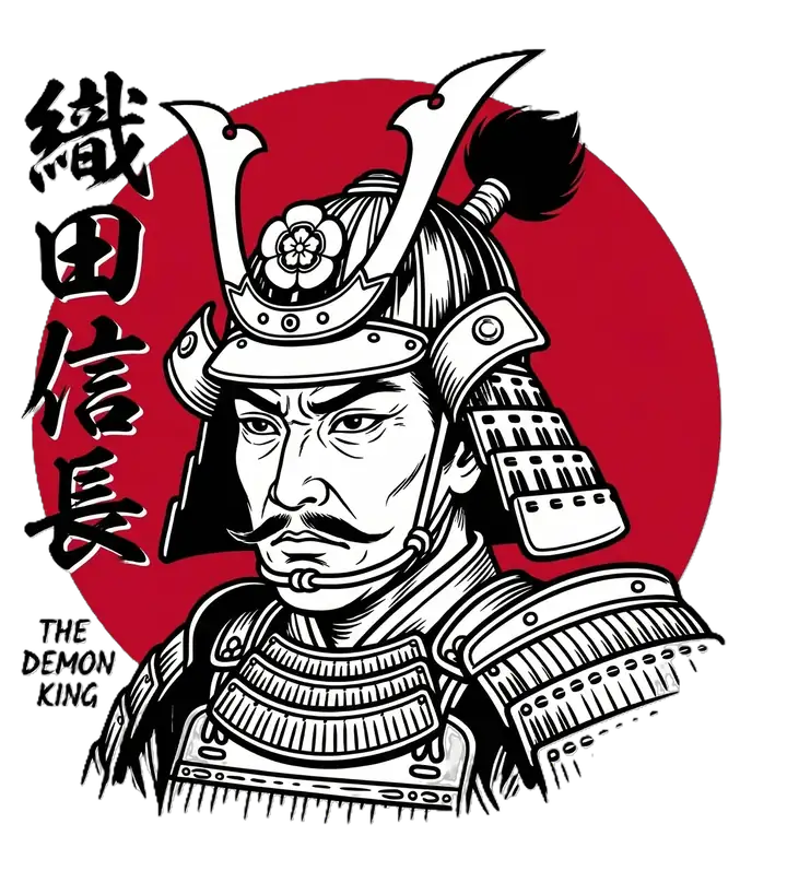 Modern illustration of Oda Nobunaga in a crested samurai helmet and armor against a red disc, with the Japanese characters for his name and the words The Demon King.