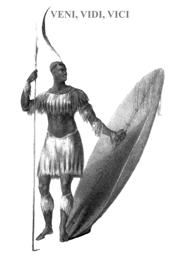 Monochrome illustration of Shaka, king of the Zulu, standing with a tall cowhide shield and a spear, labeled Shaka Zulu.