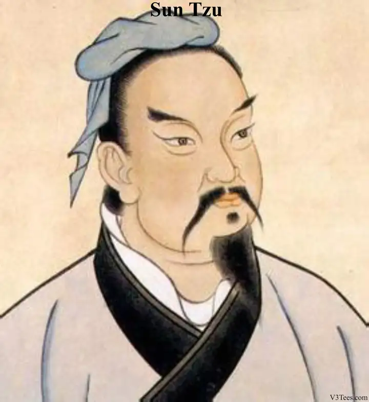 Traditional Chinese portrait of Sun Tzu, a bearded man in pale robes and a black cap, with the name Sun Tzu lettered above him.