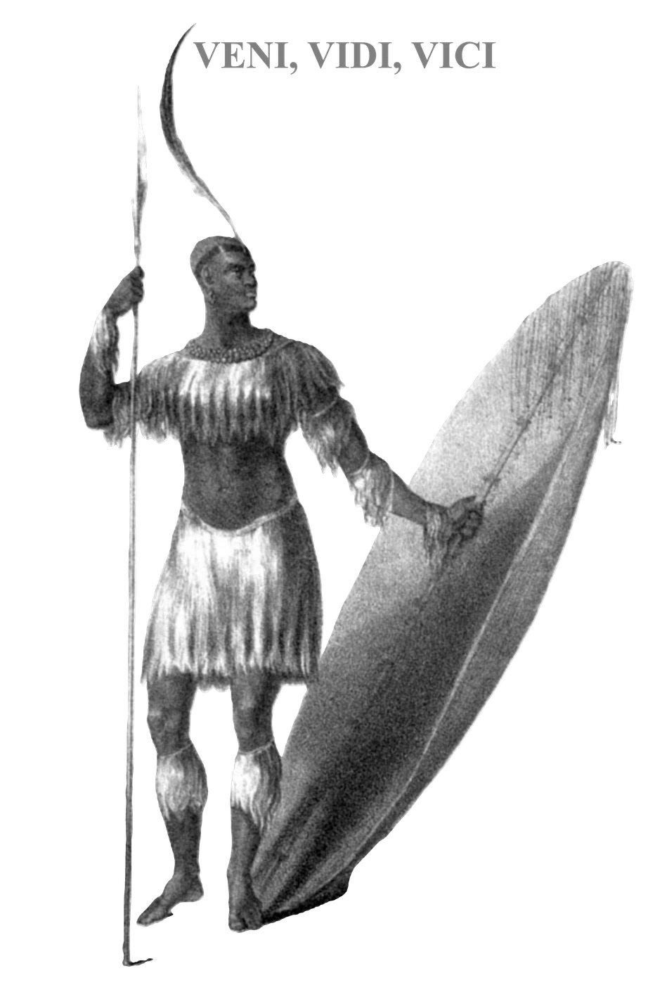 Monochrome illustration of Shaka, king of the Zulu, standing with a tall cowhide shield and a spear, labeled Shaka Zulu.
